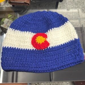 Kids Blue and White Beanie with Red and Yellow Detail